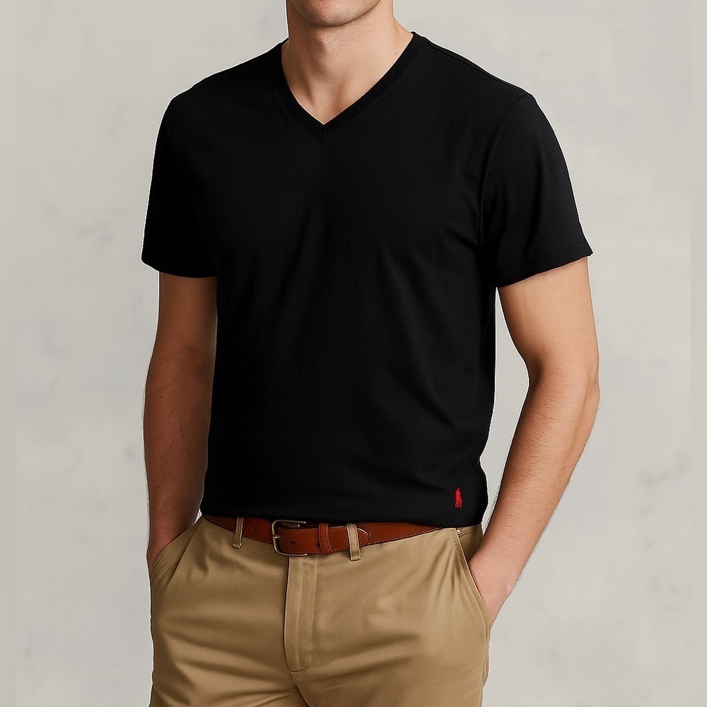 Ralph Lauren Polo Classic Fit Cotton V-Neck T-shirt Red Pony Preppy Black XL